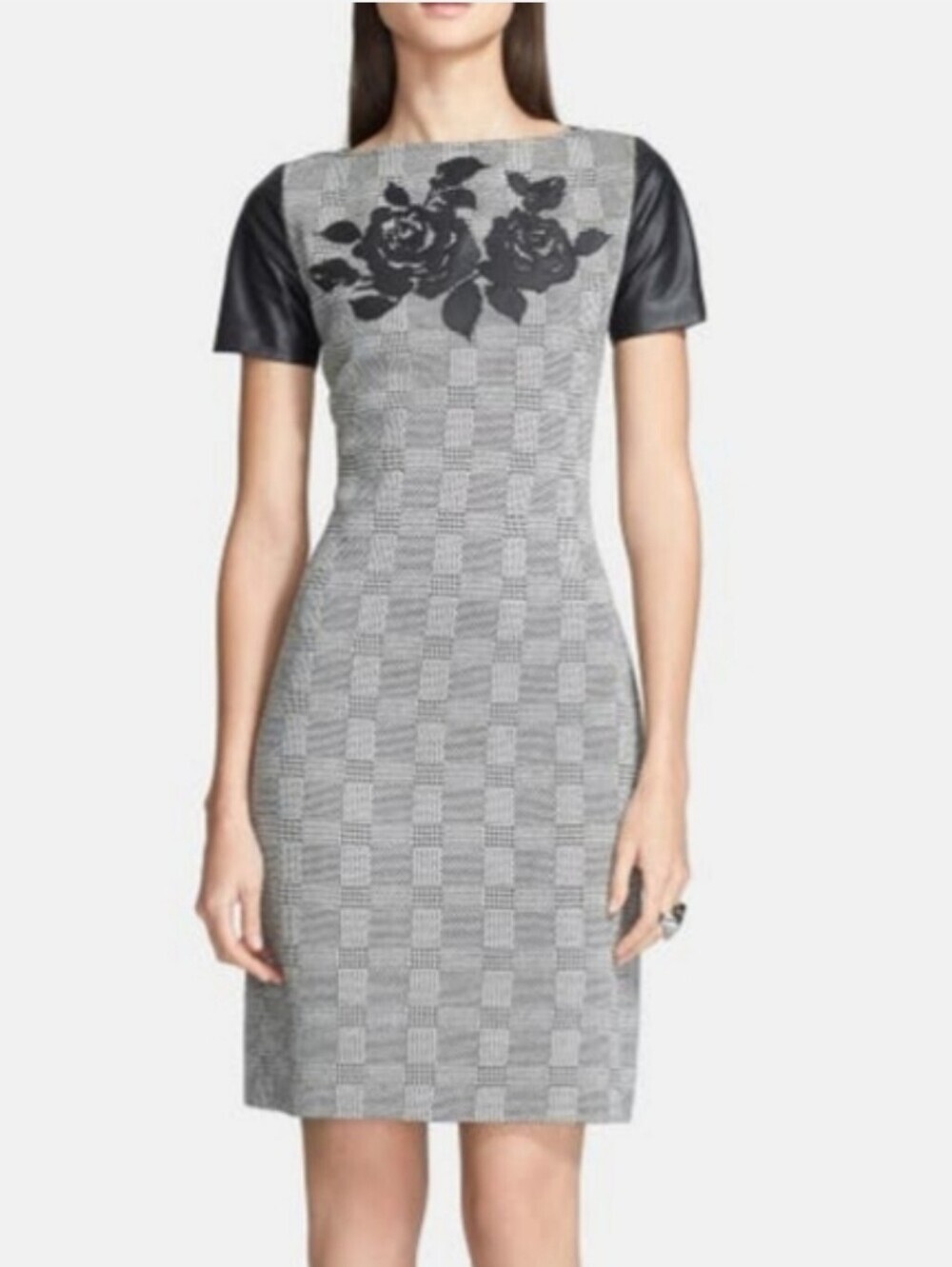 St. John Collection Black & White Plaid Knit Dress Leather Floral Detail Size 10